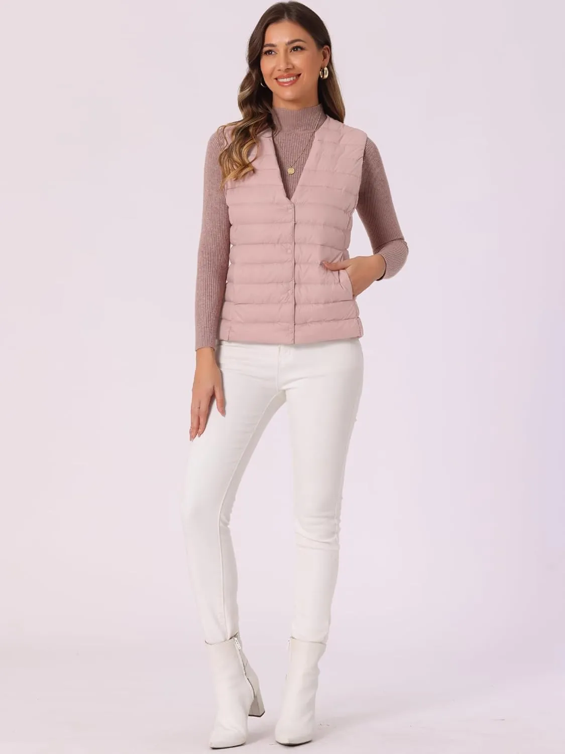 Allegra K Women's Puffer Vest Sleeveless Lightweight Button Up Quilted Round Neck Jacket Coat