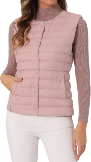 Allegra K Women's Puffer Vest Sleeveless Lightweight Button Up Quilted Round Neck Jacket Coat