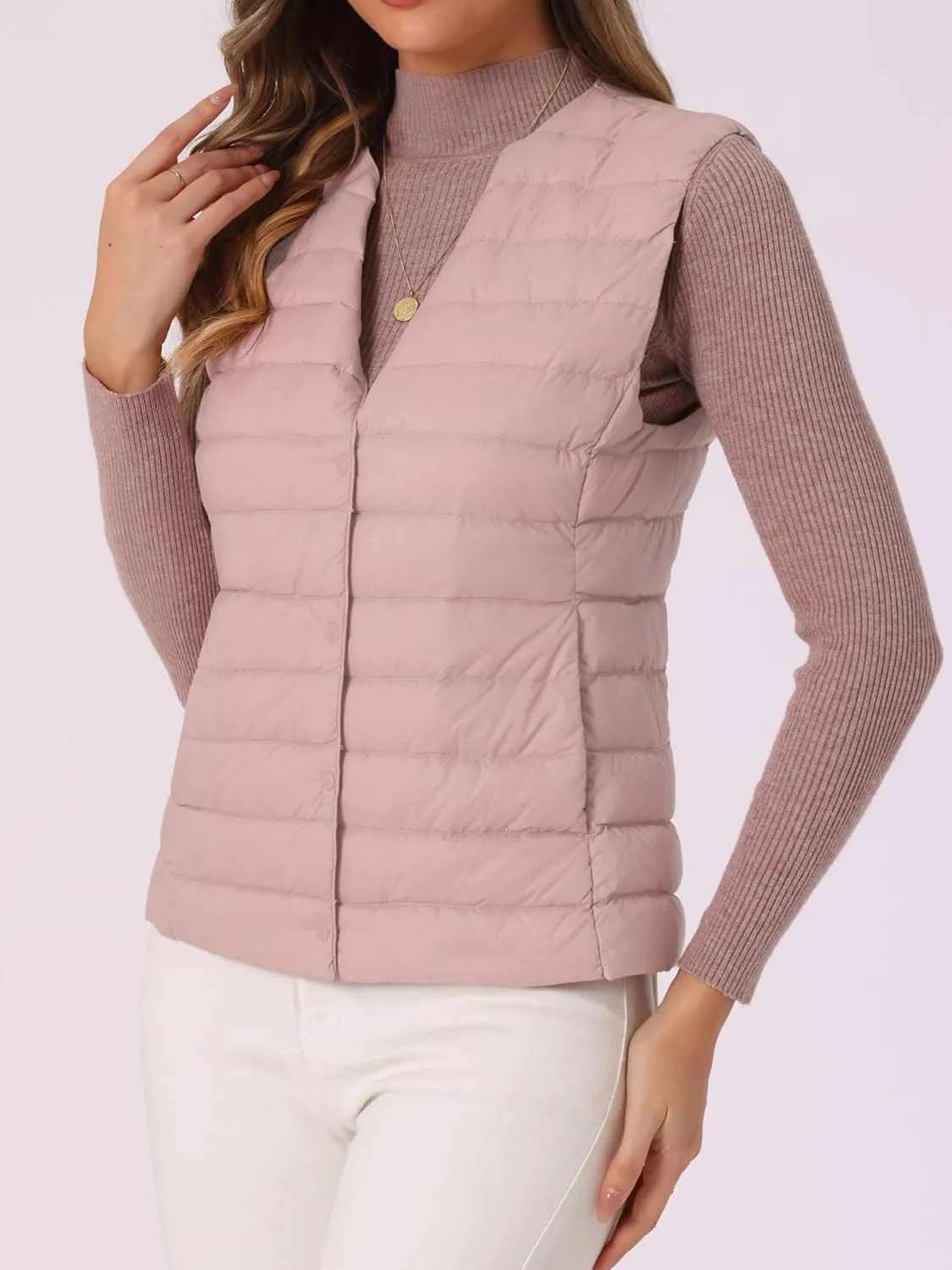 Allegra K Women's Puffer Vest Sleeveless Lightweight Button Up Quilted Round Neck Jacket Coat