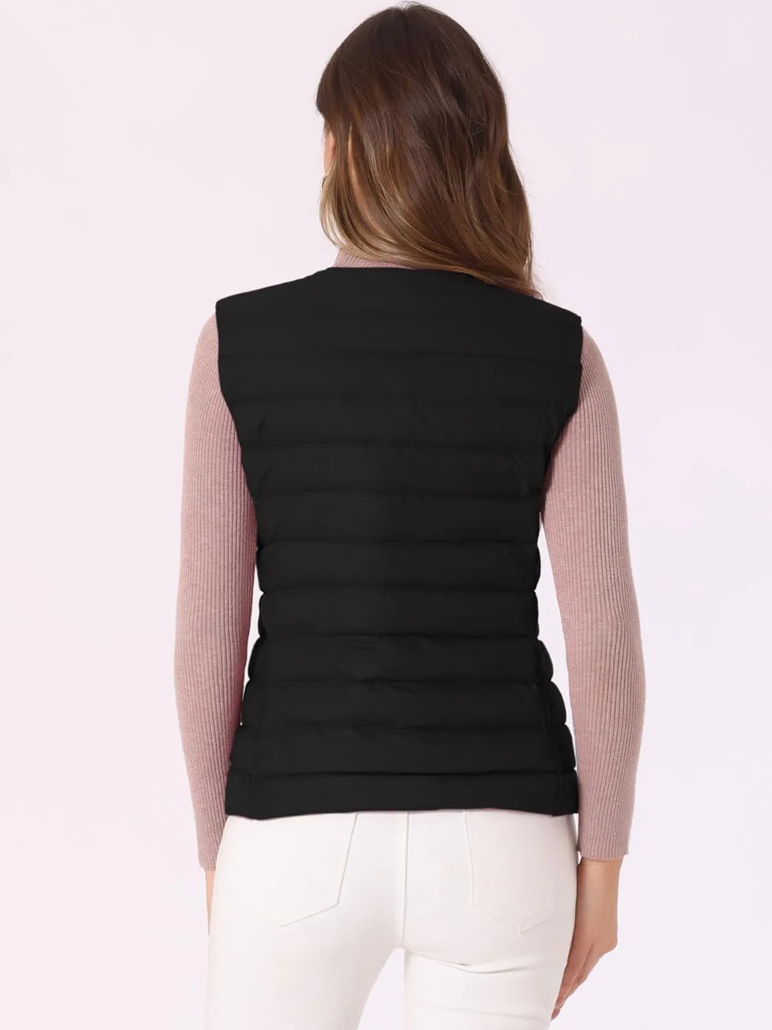 Allegra K Women's Puffer Vest Sleeveless Lightweight Button Up Quilted Round Neck Jacket Coat