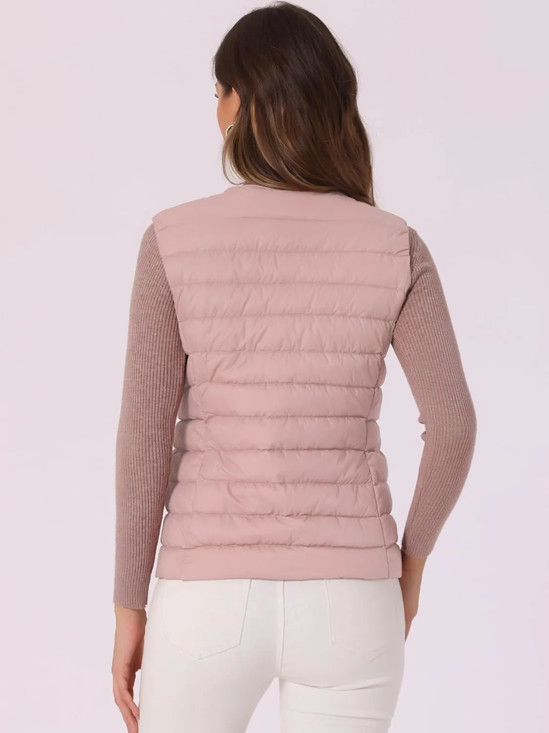 Allegra K Women's Puffer Vest Sleeveless Lightweight Button Up Quilted Round Neck Jacket Coat