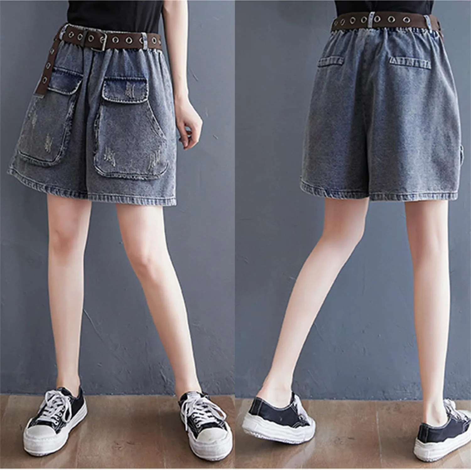 Andongnywell Women's High Waisted Denim Shorts Summer Hiking Jean Shorts with Flat Pockets Casual Wide Legs Short Jeans