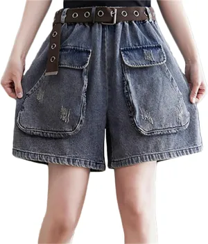Andongnywell Women's High Waisted Denim Shorts Summer Hiking Jean Shorts with Flat Pockets Casual Wide Legs Short Jeans