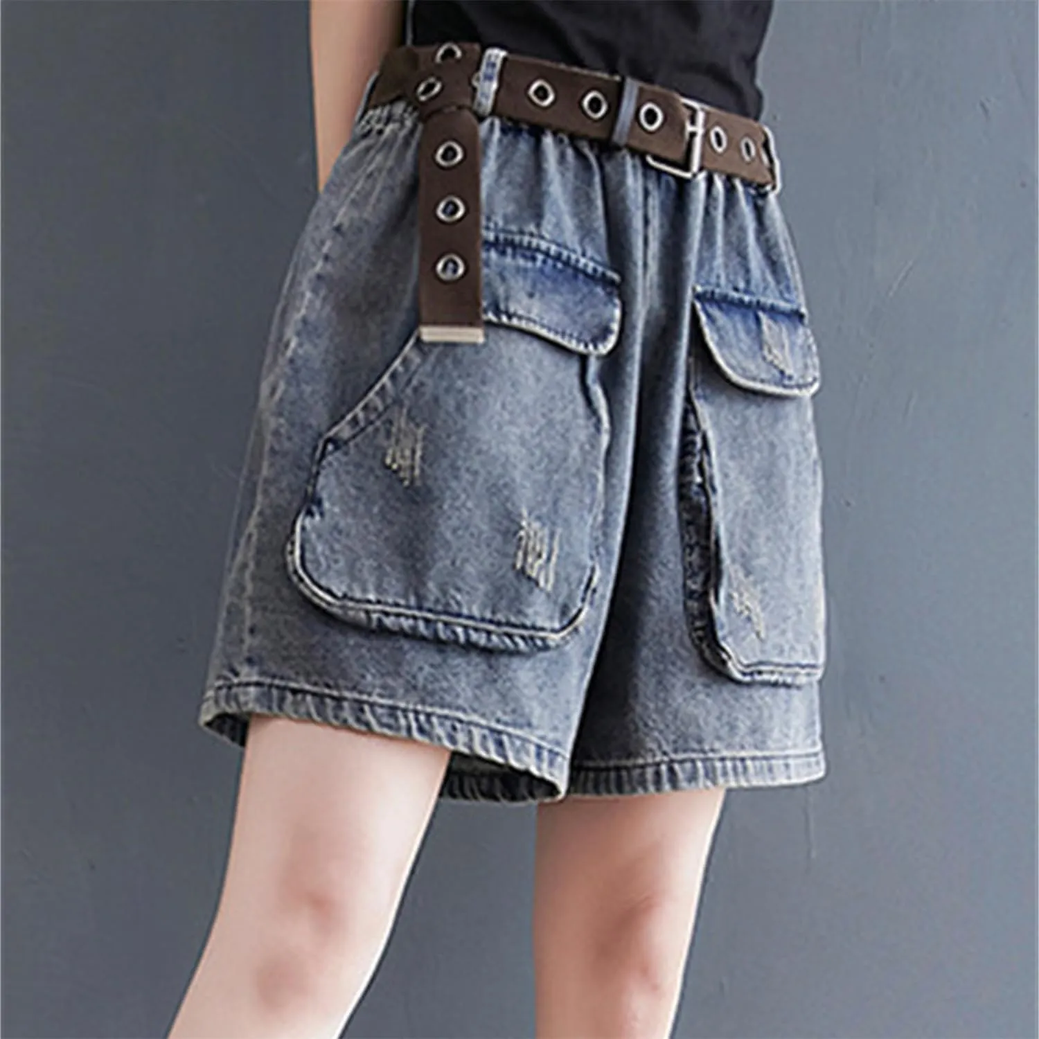Andongnywell Women's High Waisted Denim Shorts Summer Hiking Jean Shorts with Flat Pockets Casual Wide Legs Short Jeans