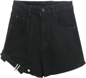 Andongnywell Womens Summer Casual Buttoned Strap Hem Skirt Shorts Denim Shorts High Waist Trendy Jeans Shorts with Pockets