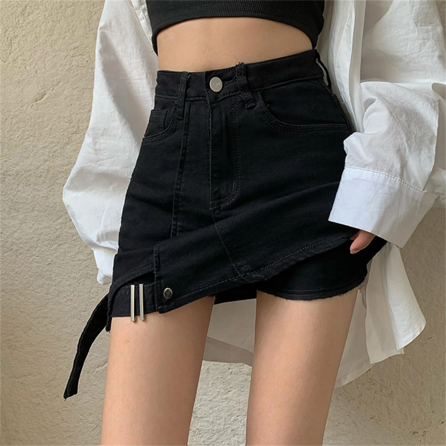 Andongnywell Womens Summer Casual Buttoned Strap Hem Skirt Shorts Denim Shorts High Waist Trendy Jeans Shorts with Pockets
