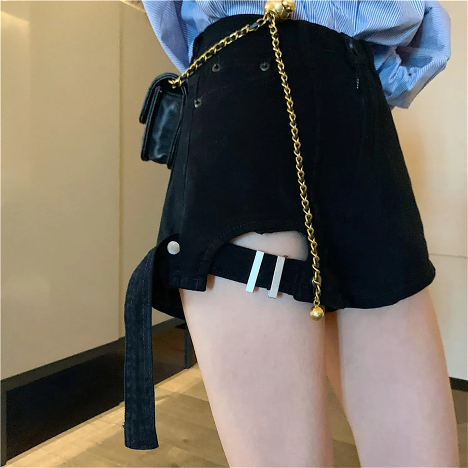 Andongnywell Womens Summer Casual Buttoned Strap Hem Skirt Shorts Denim Shorts High Waist Trendy Jeans Shorts with Pockets