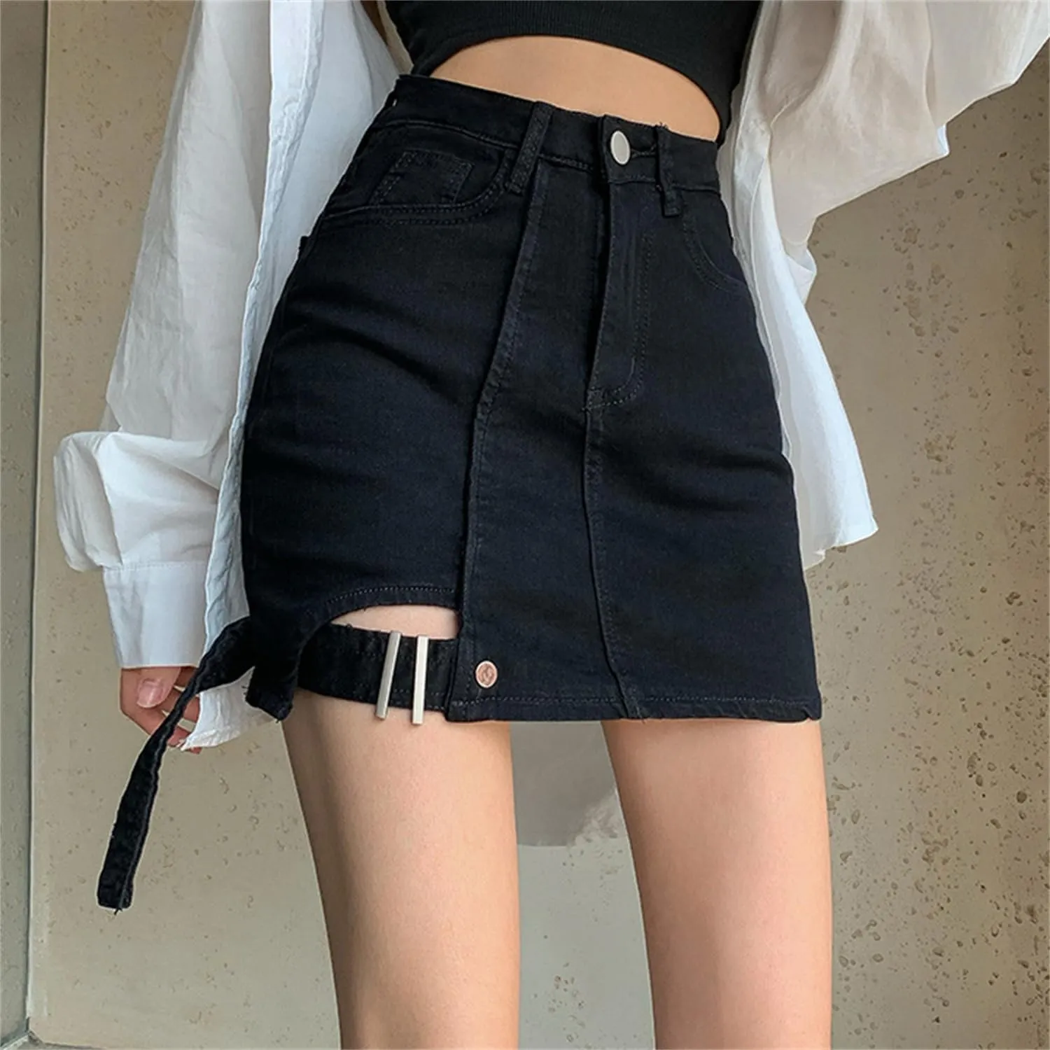Andongnywell Womens Summer Casual Buttoned Strap Hem Skirt Shorts Denim Shorts High Waist Trendy Jeans Shorts with Pockets