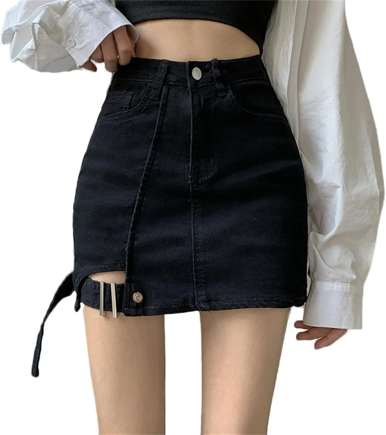 Andongnywell Womens Summer Casual Buttoned Strap Hem Skirt Shorts Denim Shorts High Waist Trendy Jeans Shorts with Pockets