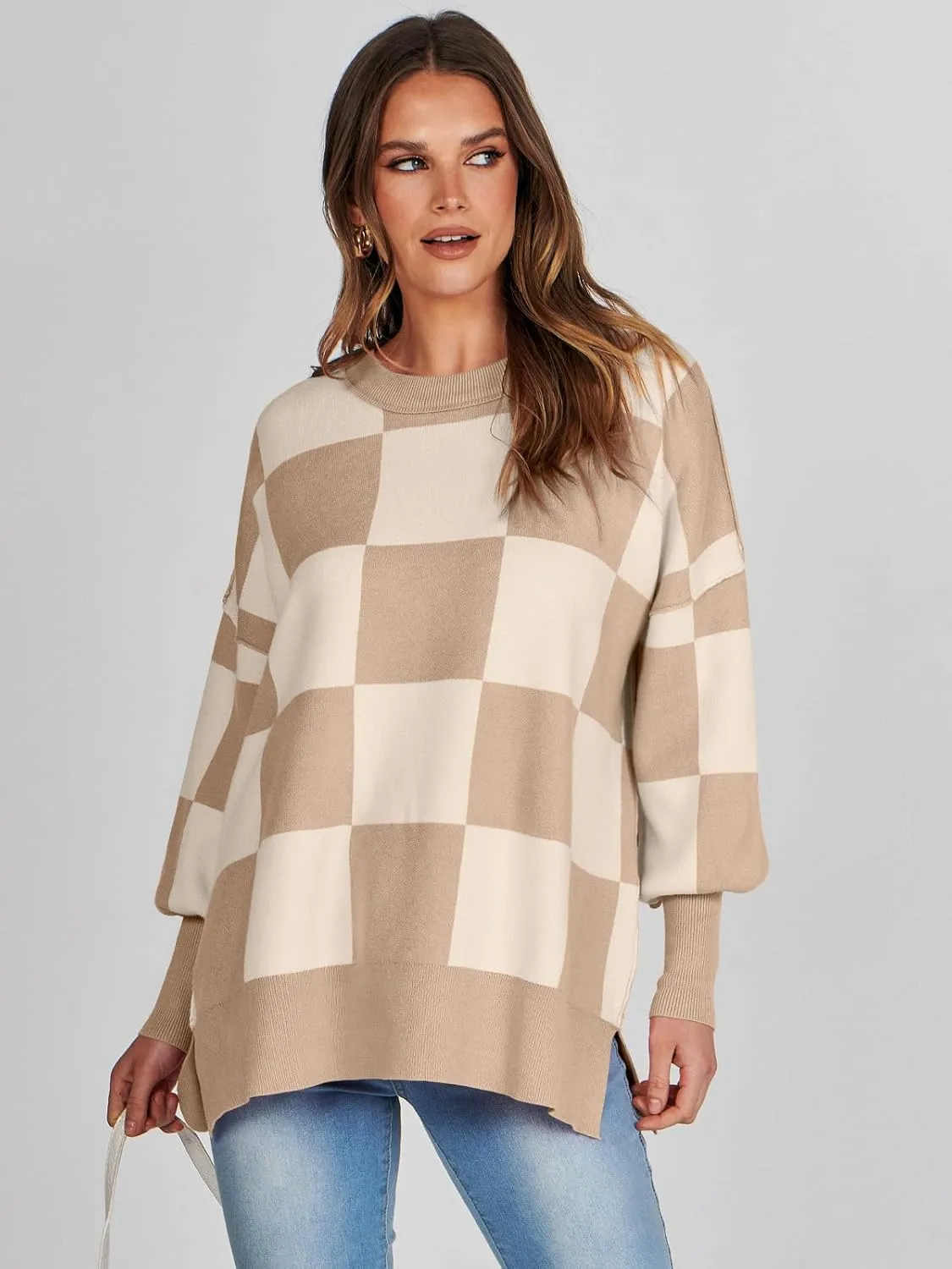ANRABESS Womens Oversized Sweaters Fall 2024 Fashion Crewneck Batwing Long Sleeve Side Slit Knit Pullover Sweater Tops