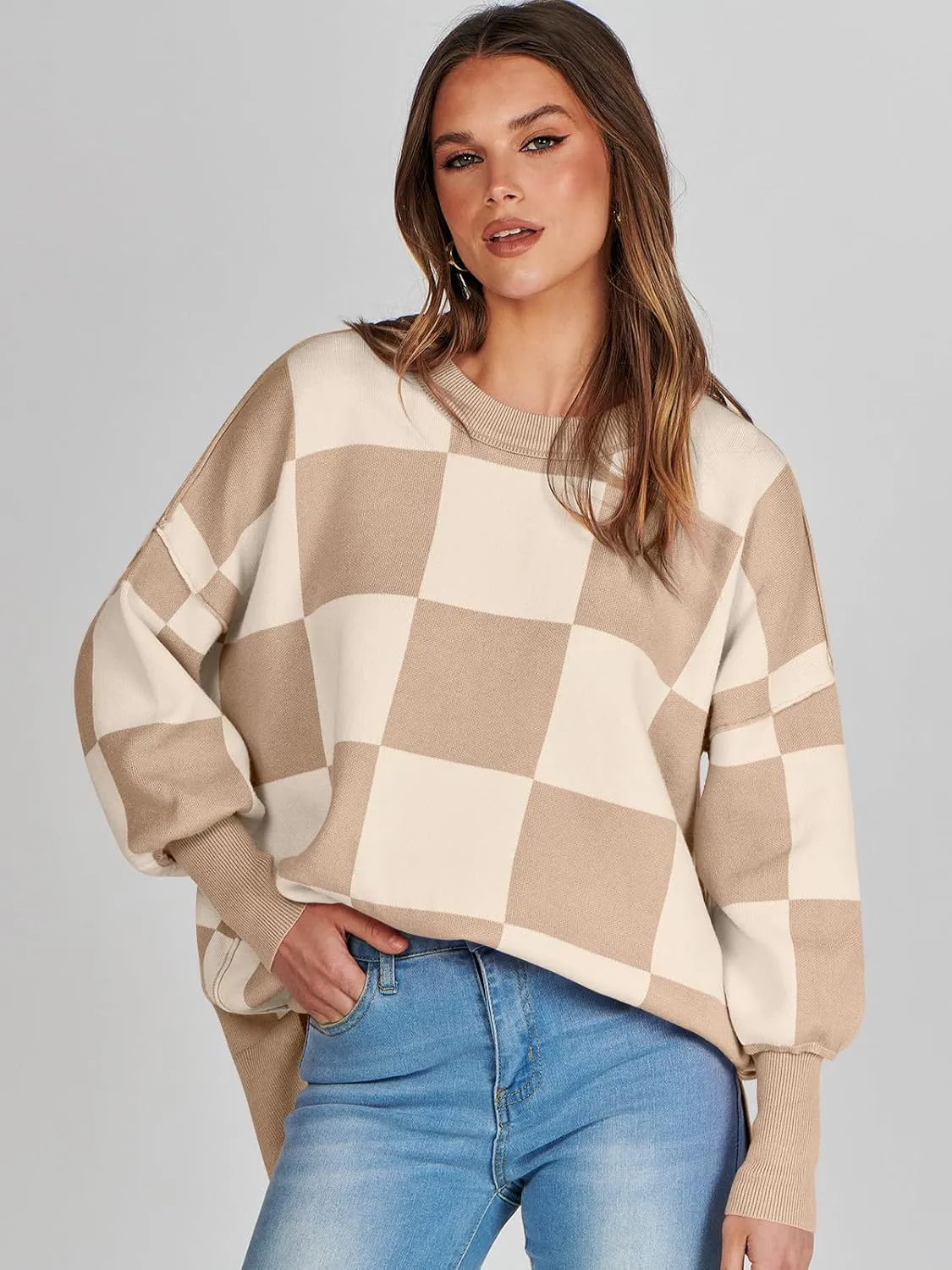 ANRABESS Womens Oversized Sweaters Fall 2024 Fashion Crewneck Batwing Long Sleeve Side Slit Knit Pullover Sweater Tops