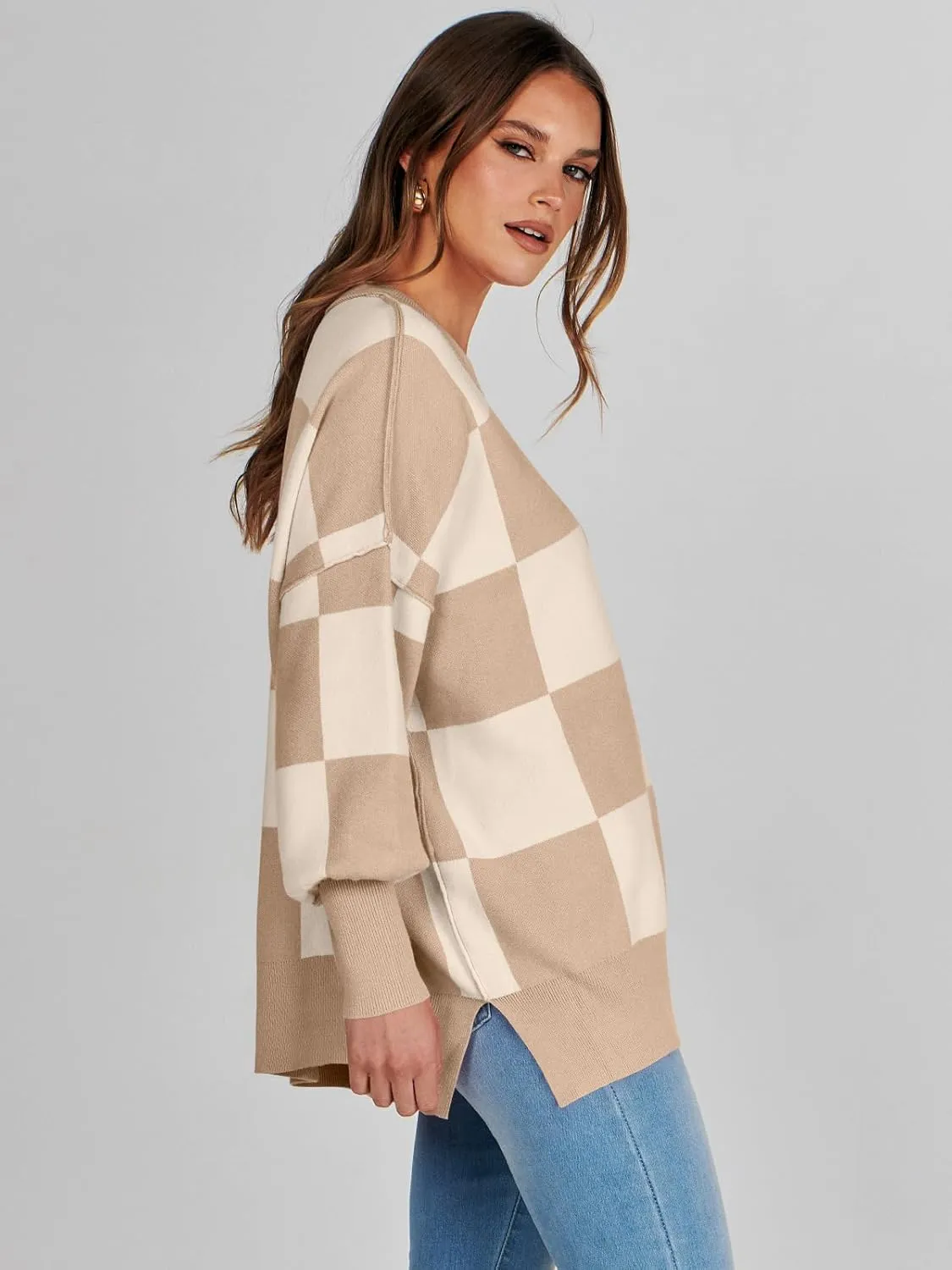 ANRABESS Womens Oversized Sweaters Fall 2024 Fashion Crewneck Batwing Long Sleeve Side Slit Knit Pullover Sweater Tops