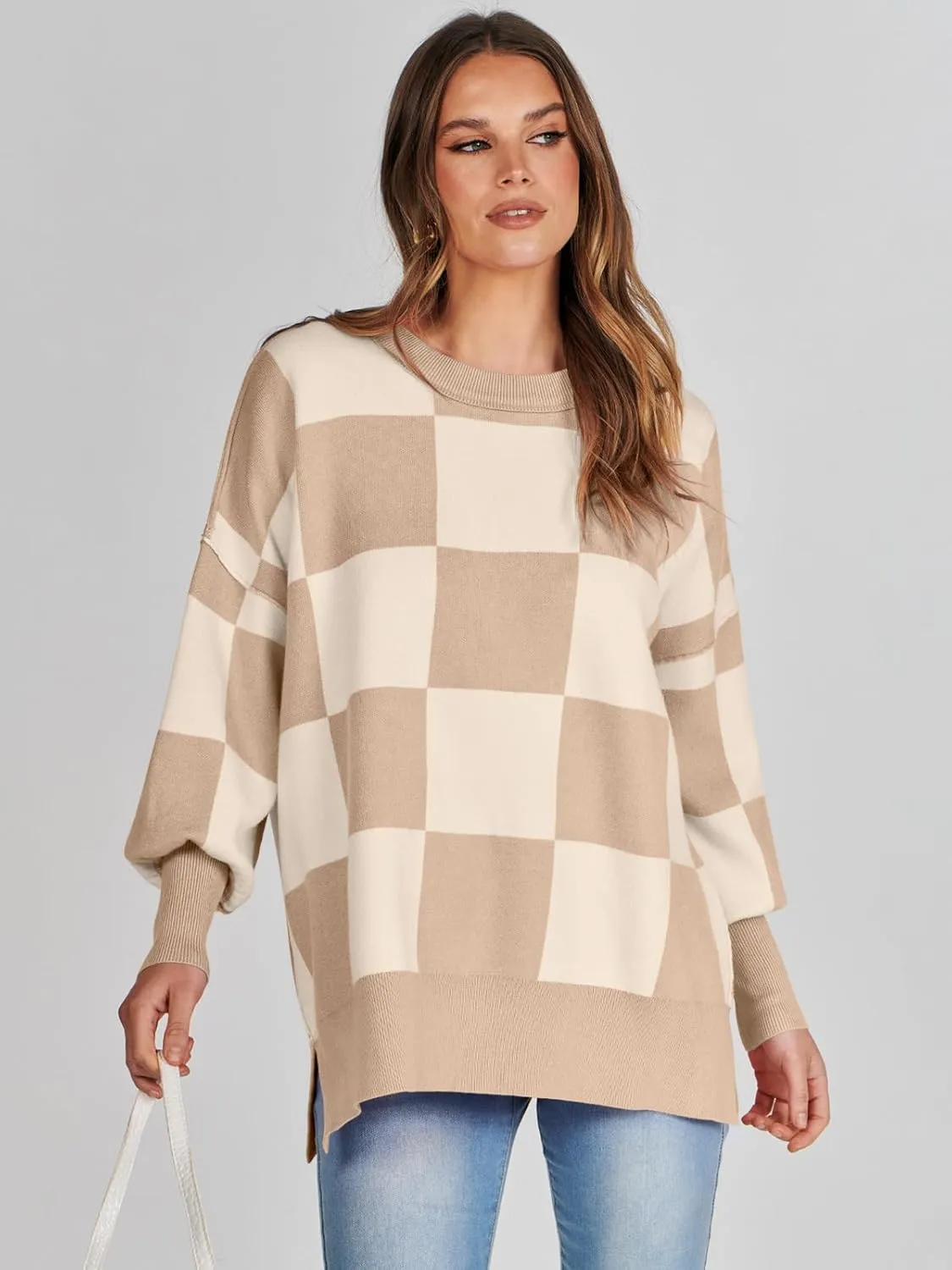 ANRABESS Womens Oversized Sweaters Fall 2024 Fashion Crewneck Batwing Long Sleeve Side Slit Knit Pullover Sweater Tops