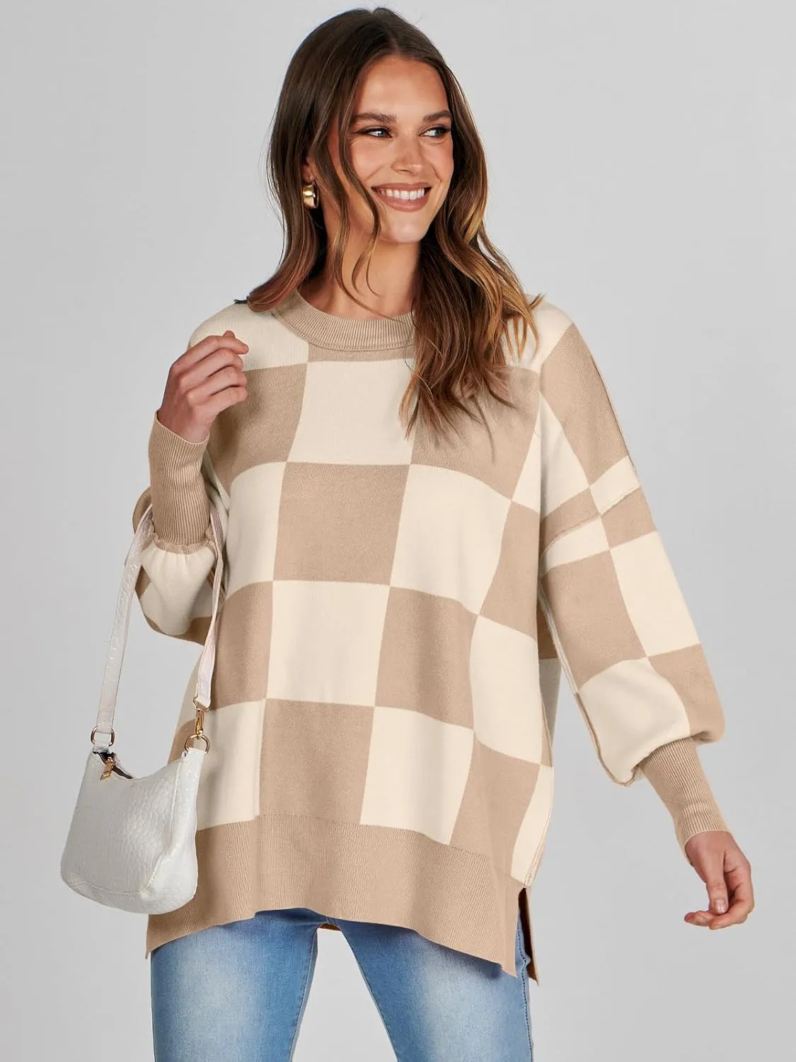 ANRABESS Womens Oversized Sweaters Fall 2024 Fashion Crewneck Batwing Long Sleeve Side Slit Knit Pullover Sweater Tops