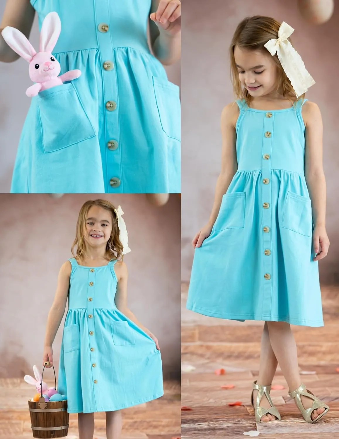 Arshiner Girl's Spaghetti Strap Button Down Midi Sleeveless Summer Casual Sundress A-line Dress with Pockets