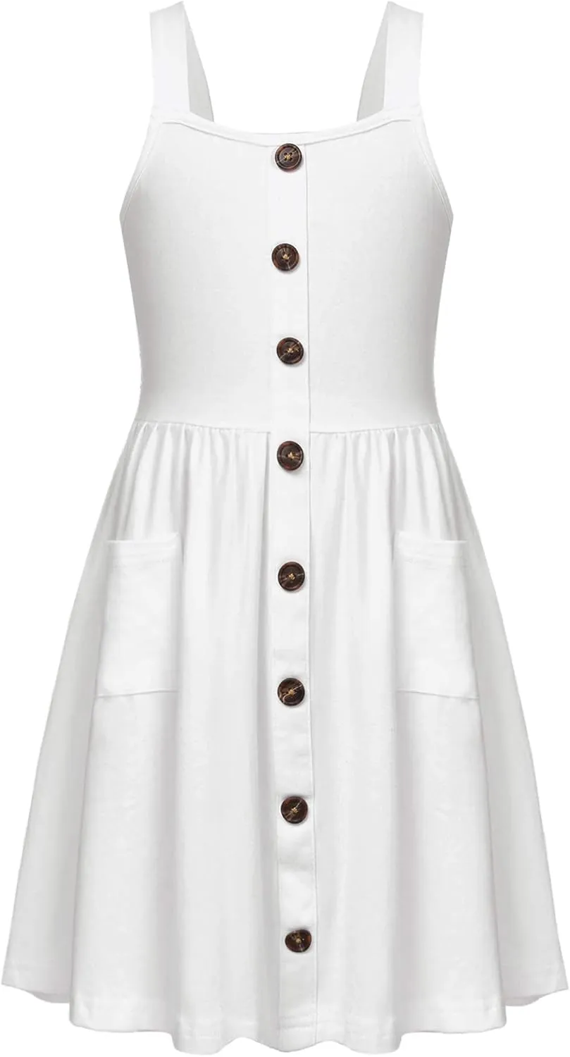 Arshiner Girl's Spaghetti Strap Button Down Midi Sleeveless Summer Casual Sundress A-line Dress with Pockets