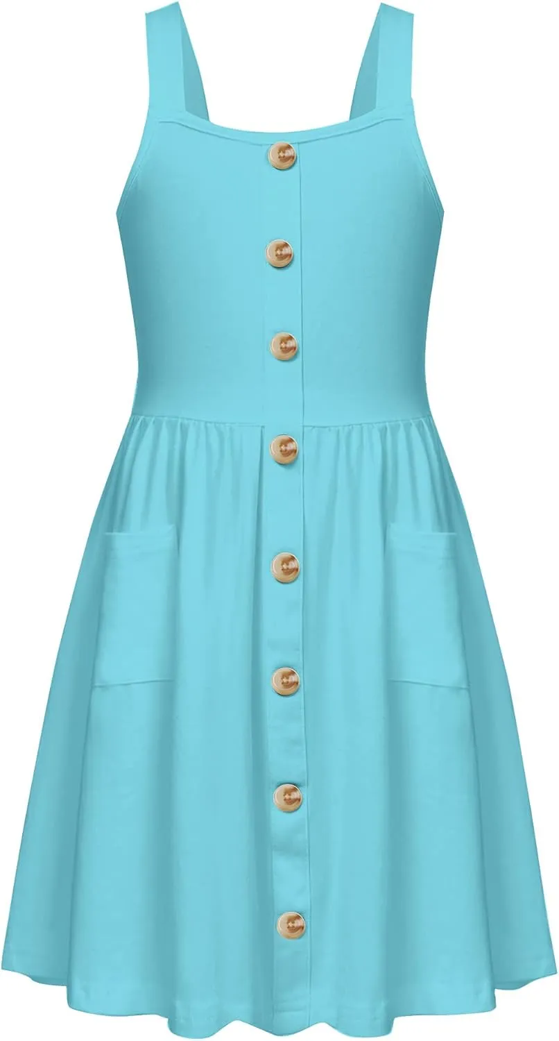 Arshiner Girl's Spaghetti Strap Button Down Midi Sleeveless Summer Casual Sundress A-line Dress with Pockets