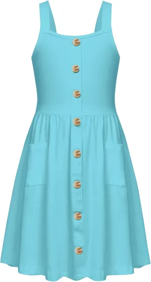Arshiner Girl's Spaghetti Strap Button Down Midi Sleeveless Summer Casual Sundress A-line Dress with Pockets