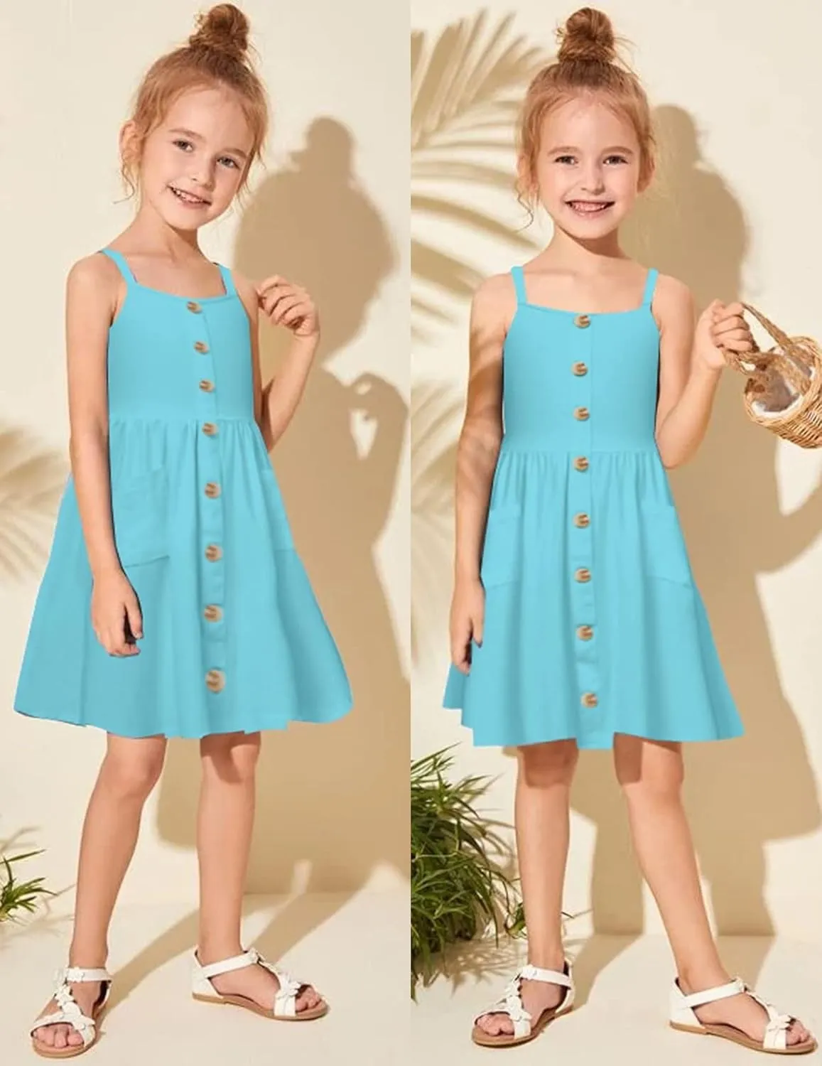 Arshiner Girl's Spaghetti Strap Button Down Midi Sleeveless Summer Casual Sundress A-line Dress with Pockets