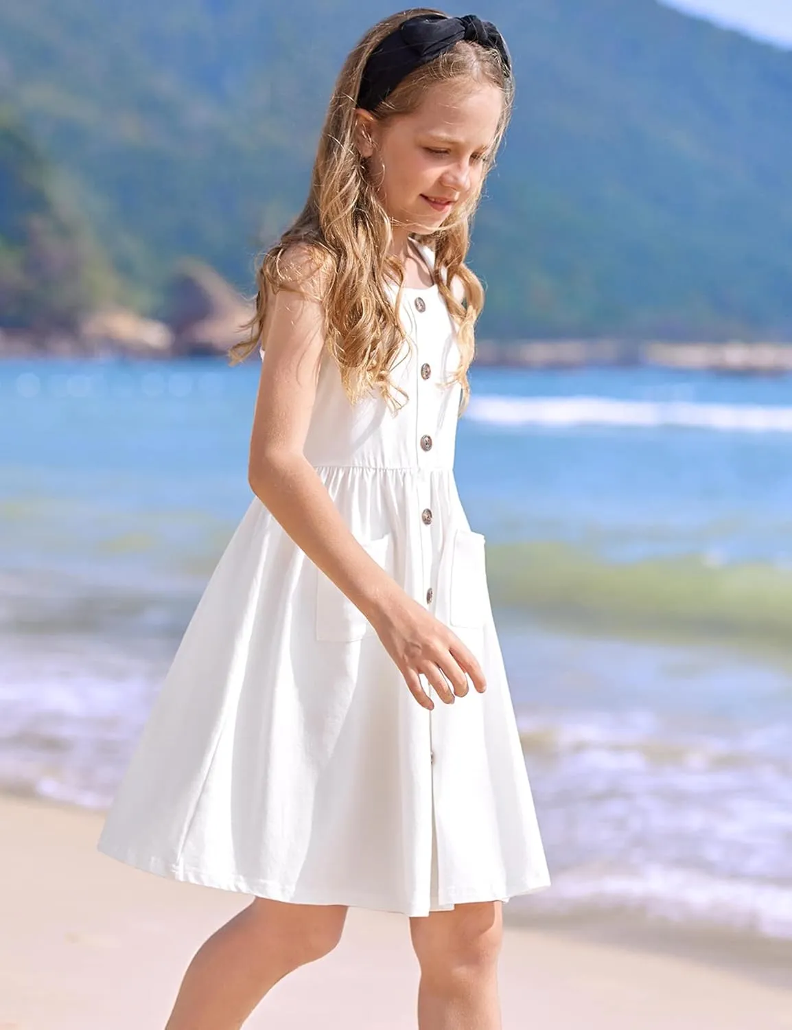 Arshiner Girl's Spaghetti Strap Button Down Midi Sleeveless Summer Casual Sundress A-line Dress with Pockets
