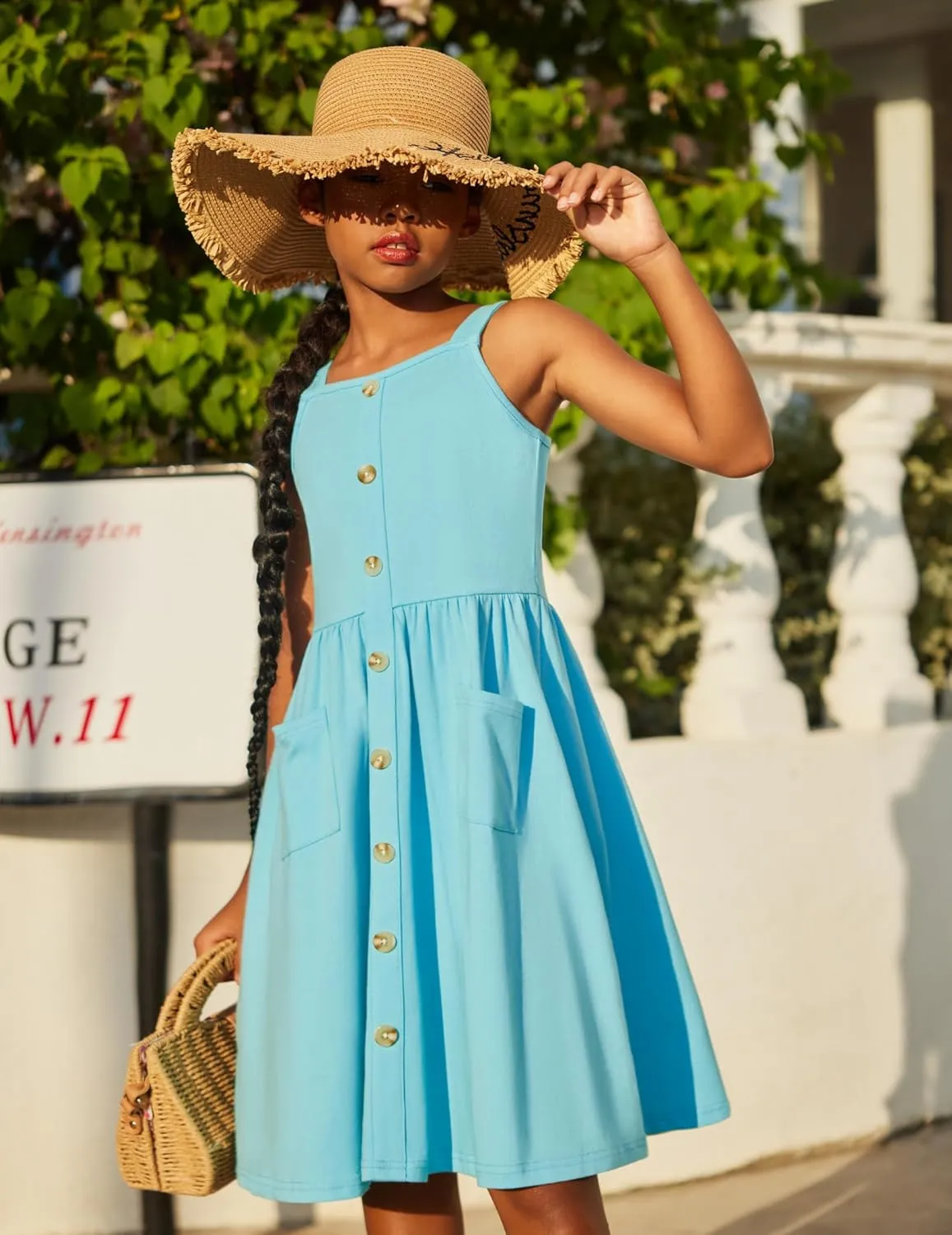 Arshiner Girl's Spaghetti Strap Button Down Midi Sleeveless Summer Casual Sundress A-line Dress with Pockets