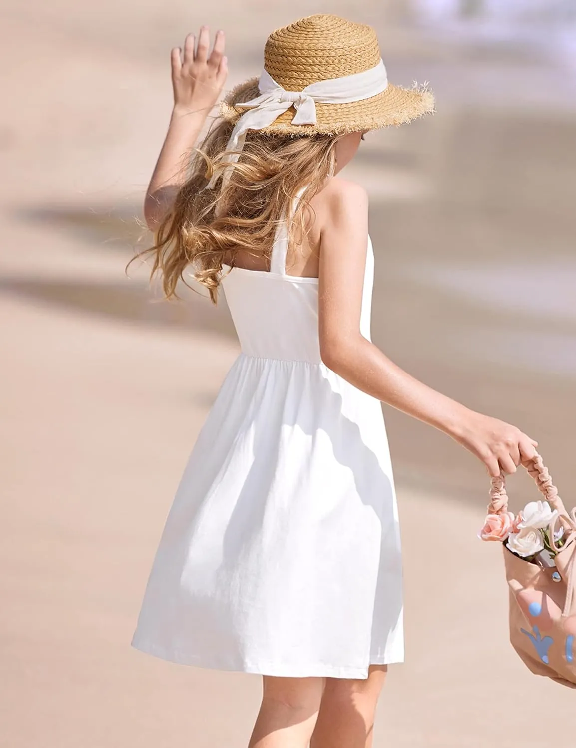 Arshiner Girl's Spaghetti Strap Button Down Midi Sleeveless Summer Casual Sundress A-line Dress with Pockets