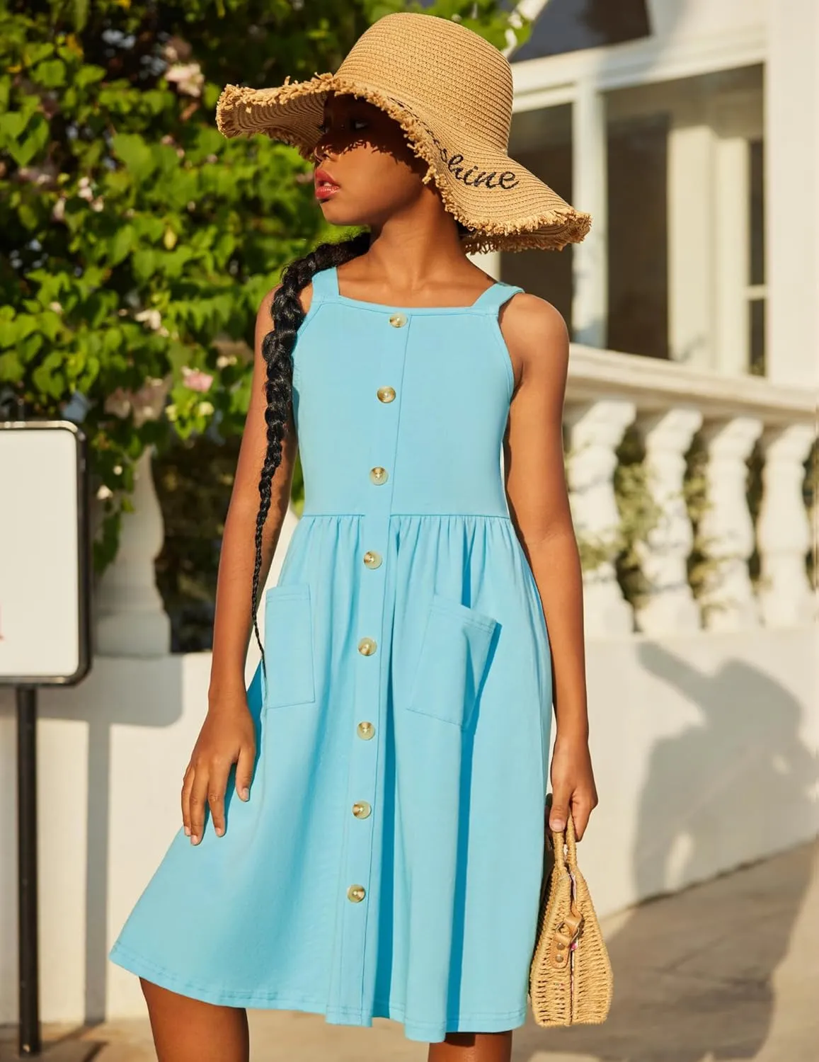 Arshiner Girl's Spaghetti Strap Button Down Midi Sleeveless Summer Casual Sundress A-line Dress with Pockets