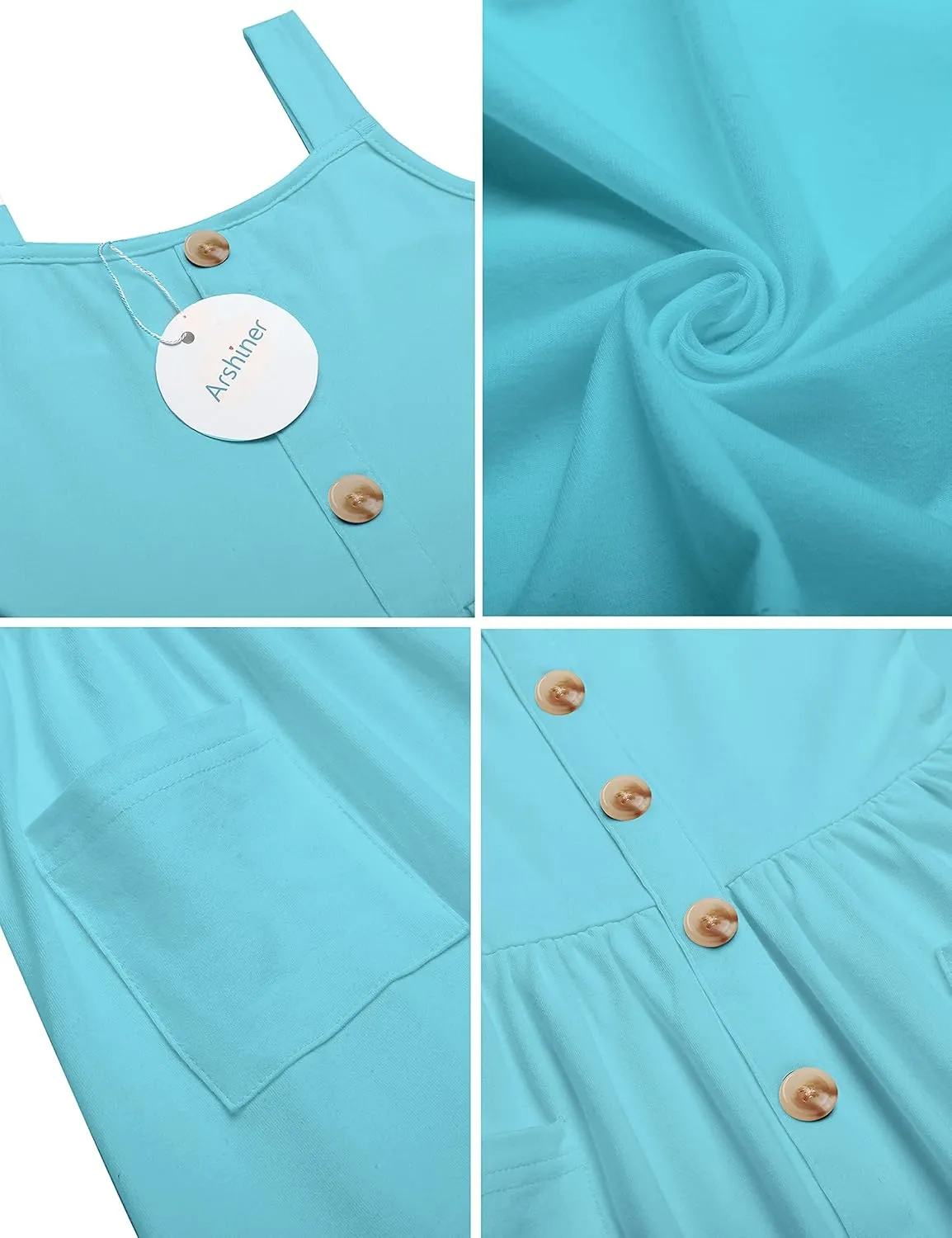 Arshiner Girl's Spaghetti Strap Button Down Midi Sleeveless Summer Casual Sundress A-line Dress with Pockets
