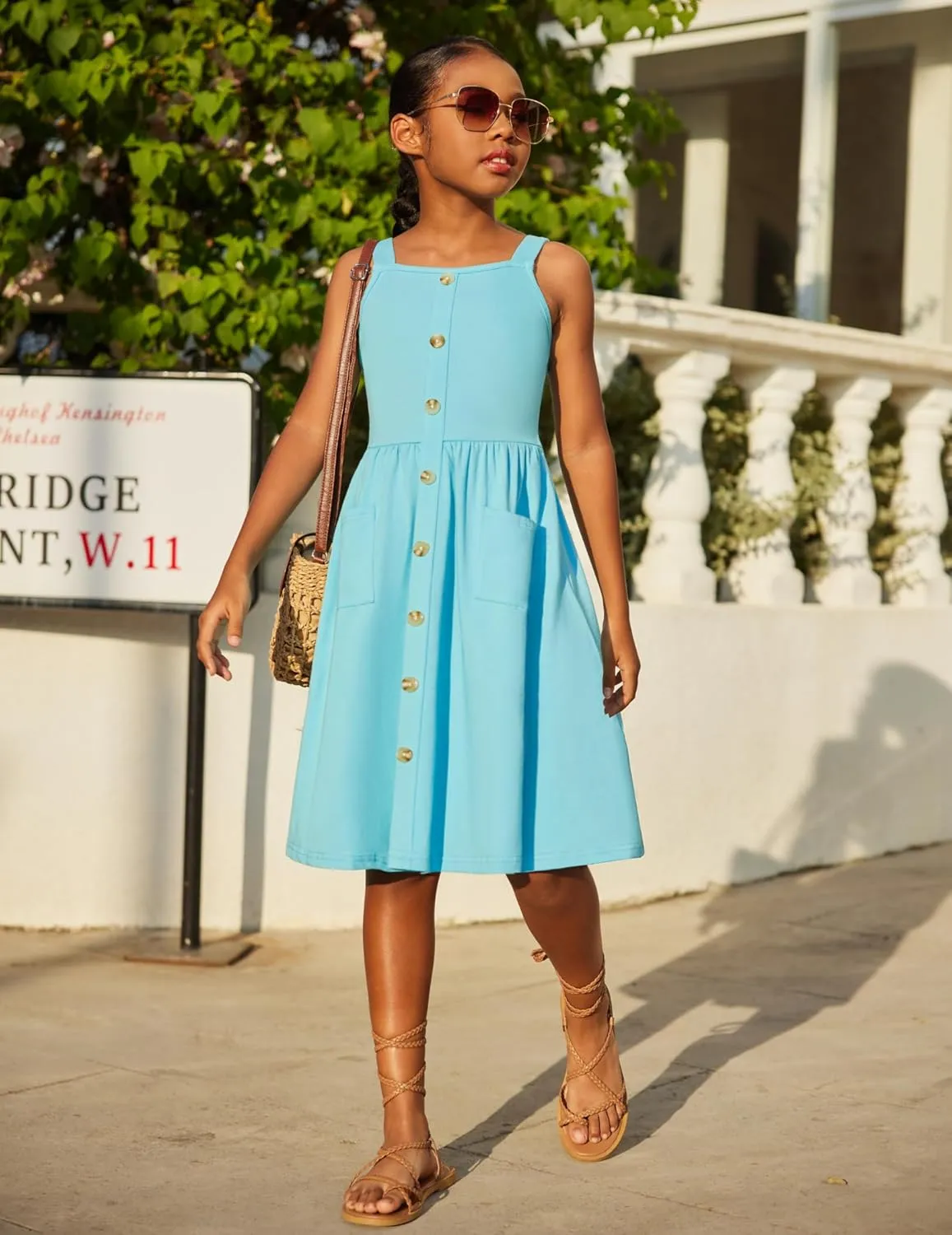 Arshiner Girl's Spaghetti Strap Button Down Midi Sleeveless Summer Casual Sundress A-line Dress with Pockets