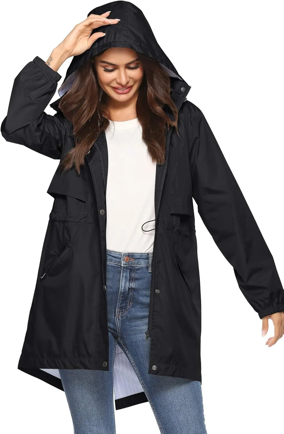 Avoogue Womens Raincoats Waterproof Cinch Waist Breathable All Weather Jacket Long