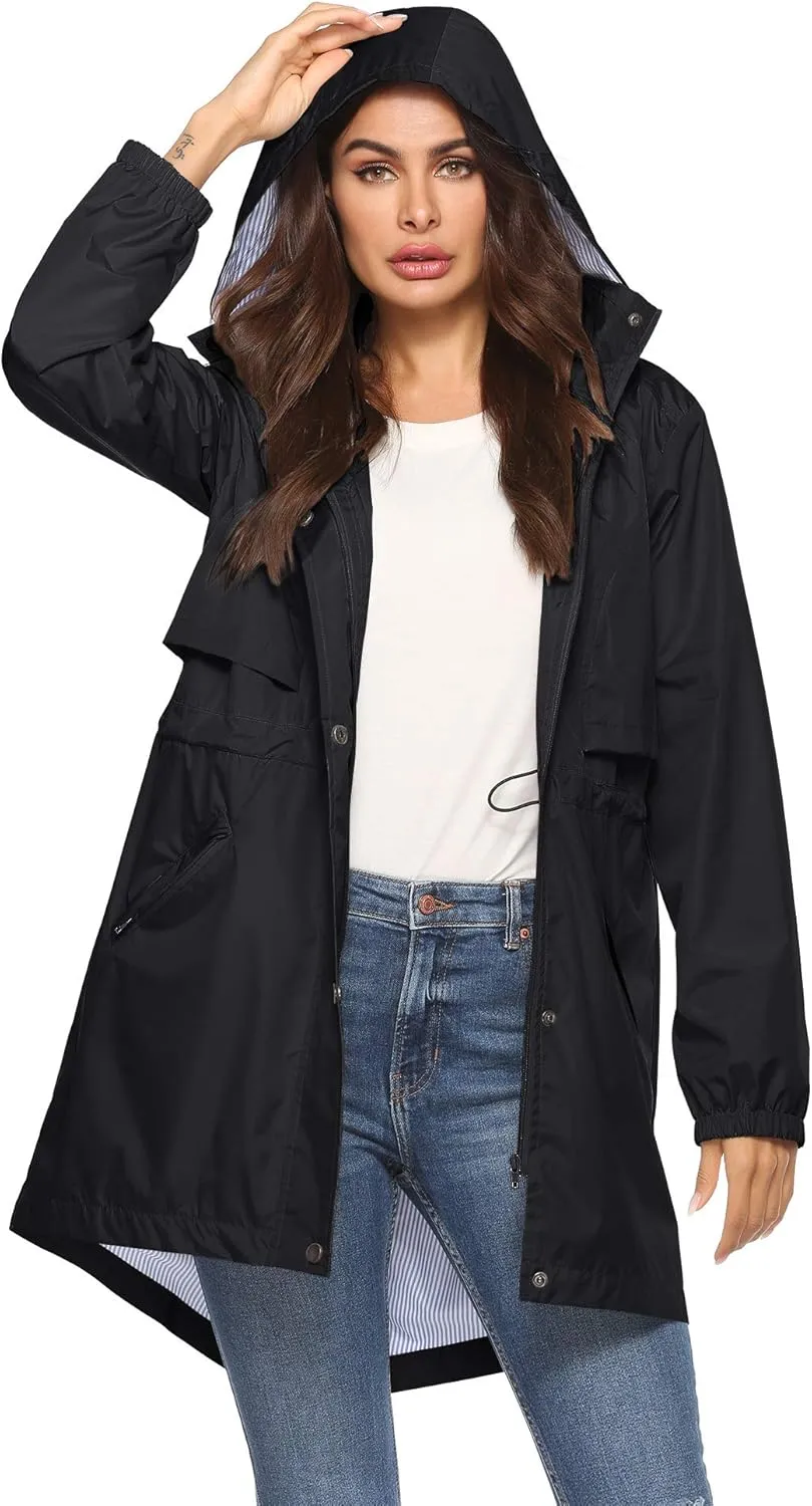 Avoogue Womens Raincoats Waterproof Cinch Waist Breathable All Weather Jacket Long