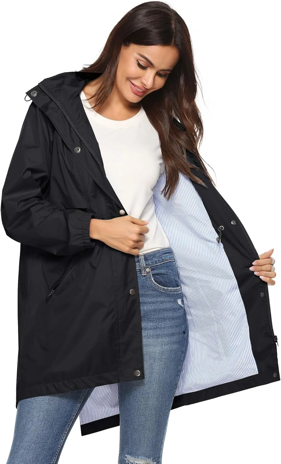 Avoogue Womens Raincoats Waterproof Cinch Waist Breathable All Weather Jacket Long