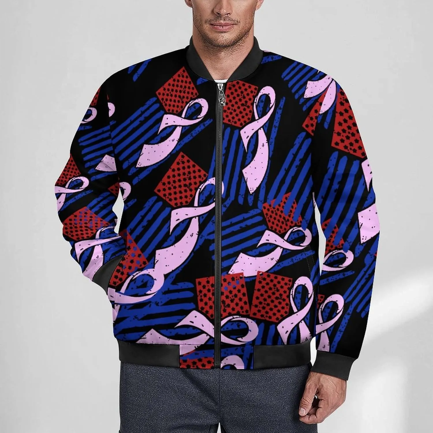 Awareness Ribbon American Flag Men's Bomber Jacket Lightweight Windbreaker Fashion Spring Fall Coats Casual Jackets for Men