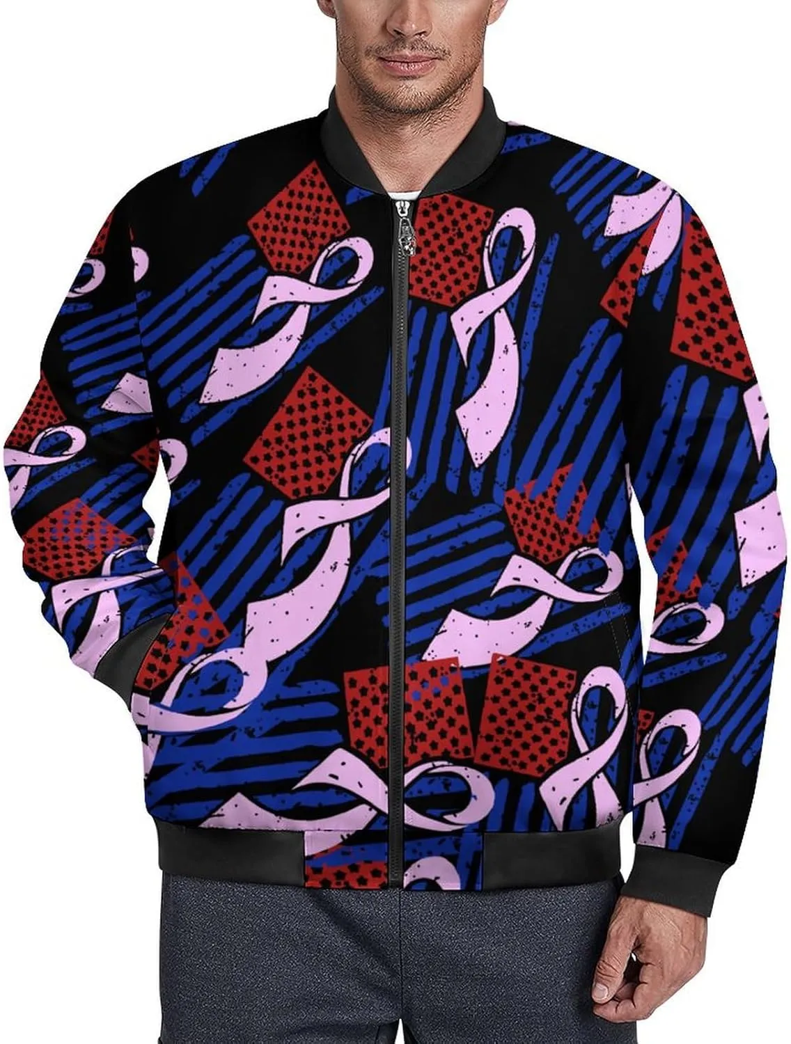 Awareness Ribbon American Flag Men's Bomber Jacket Lightweight Windbreaker Fashion Spring Fall Coats Casual Jackets for Men