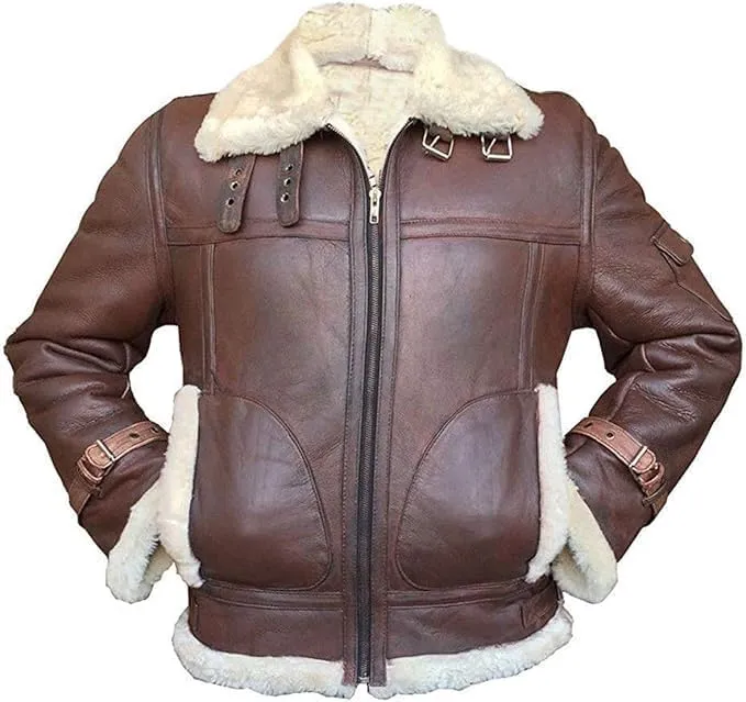B3 Shearling Military Aviator Leather Jacket with Fur Collar Adjustable Waist Belt Bomber Jacket Mens