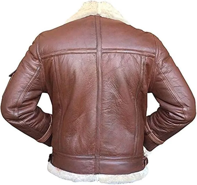 B3 Shearling Military Aviator Leather Jacket with Fur Collar Adjustable Waist Belt Bomber Jacket Mens