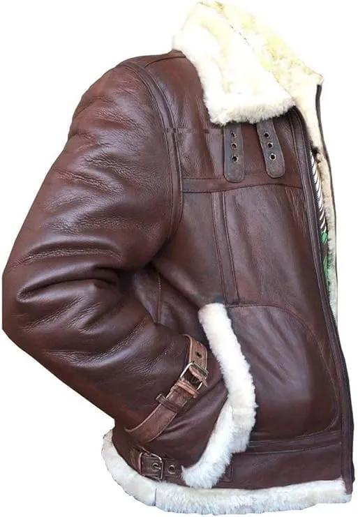 B3 Shearling Military Aviator Leather Jacket with Fur Collar Adjustable Waist Belt Bomber Jacket Mens