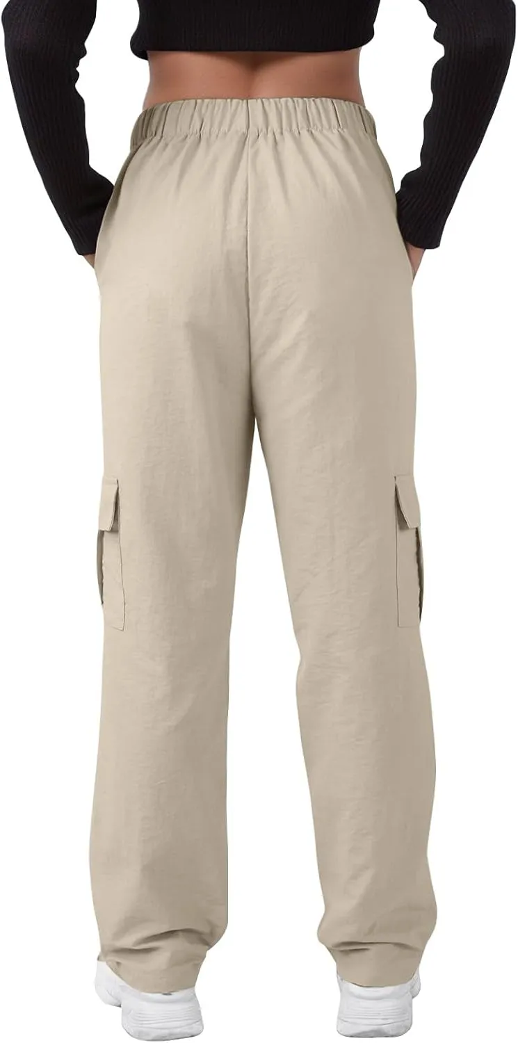 Baggy Cargo Pants Women Drawstring High Waisted Waterproof Hiking Pants Summer Wide Leg Tactical Pants with Pockets