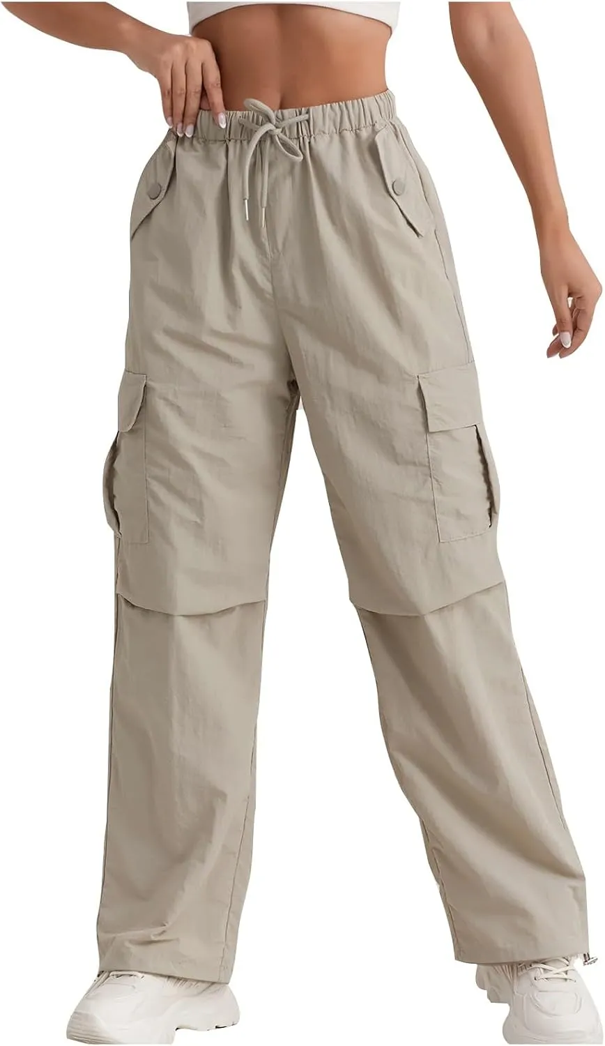 Baggy Cargo Pants Women Drawstring High Waisted Waterproof Hiking Pants Summer Wide Leg Tactical Pants with Pockets