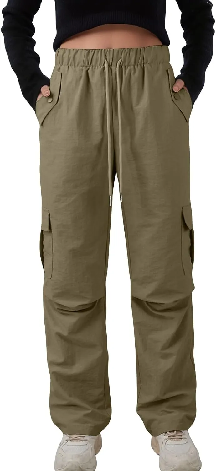 Baggy Cargo Pants Women Drawstring High Waisted Waterproof Hiking Pants Summer Wide Leg Tactical Pants with Pockets