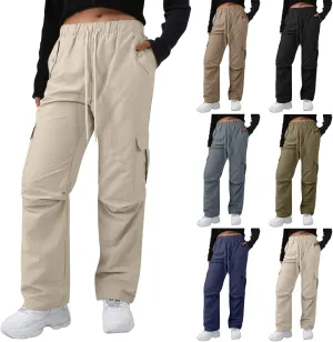Baggy Cargo Pants Women Drawstring High Waisted Waterproof Hiking Pants Summer Wide Leg Tactical Pants with Pockets