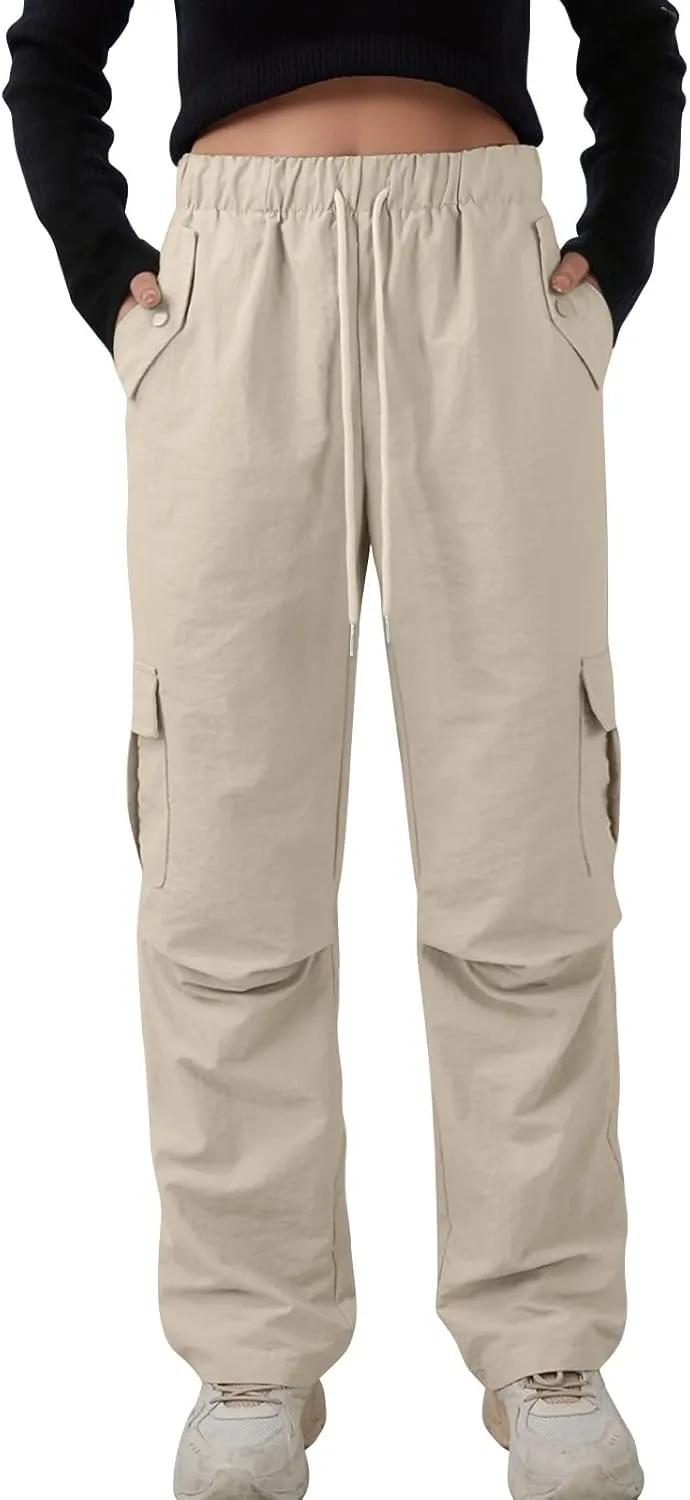 Baggy Cargo Pants Women Drawstring High Waisted Waterproof Hiking Pants Summer Wide Leg Tactical Pants with Pockets
