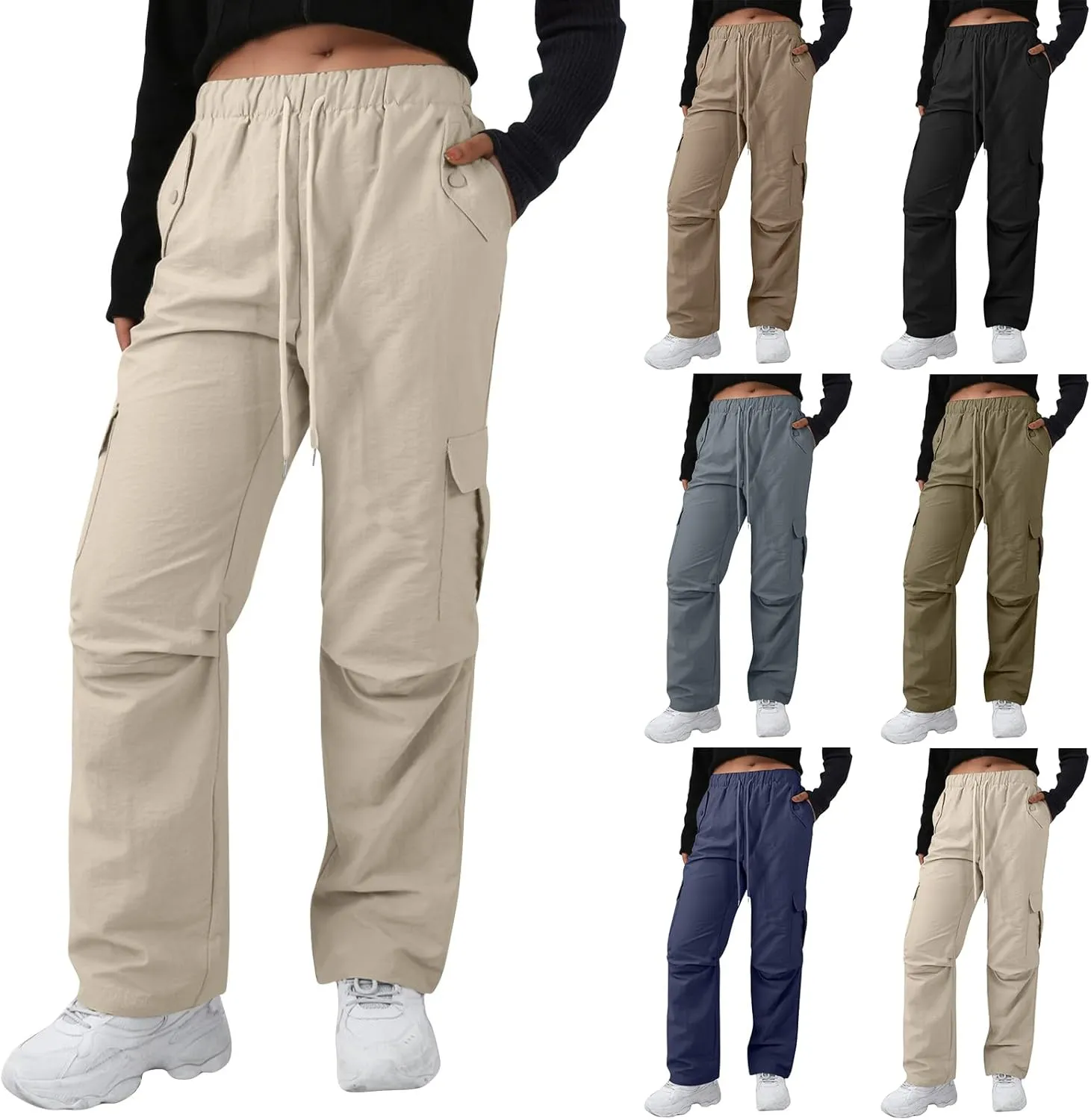 Baggy Cargo Pants Women Drawstring High Waisted Waterproof Hiking Pants Summer Wide Leg Tactical Pants with Pockets