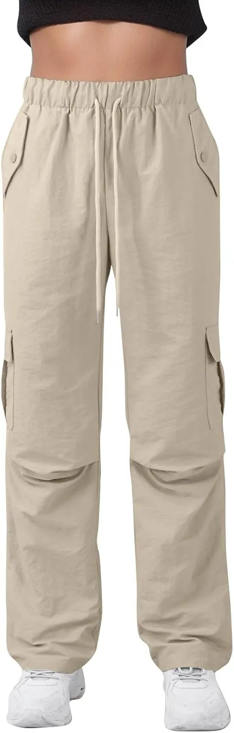Baggy Cargo Pants Women Drawstring High Waisted Waterproof Hiking Pants Summer Wide Leg Tactical Pants with Pockets