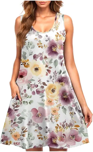Beach Dresses for Women Trendy Swimsuit Cover Ups Sleeveless Vacation Dresses Floral Swing Mini Dress