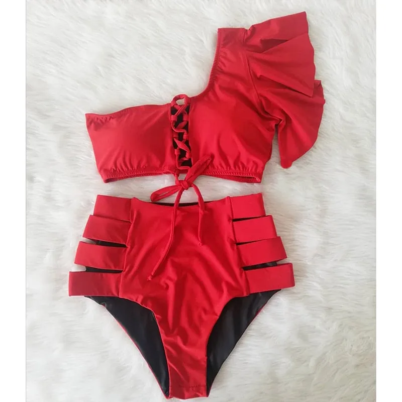 Beach One Shoulder Print High Rise Triangle Bikinis