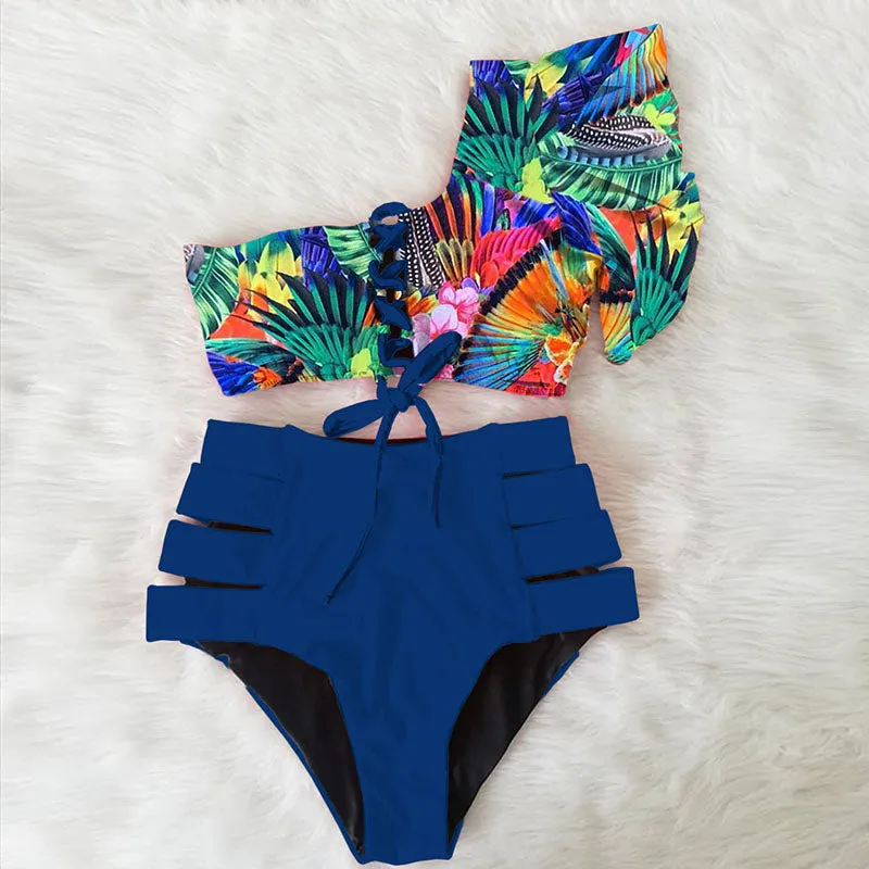 Beach One Shoulder Print High Rise Triangle Bikinis