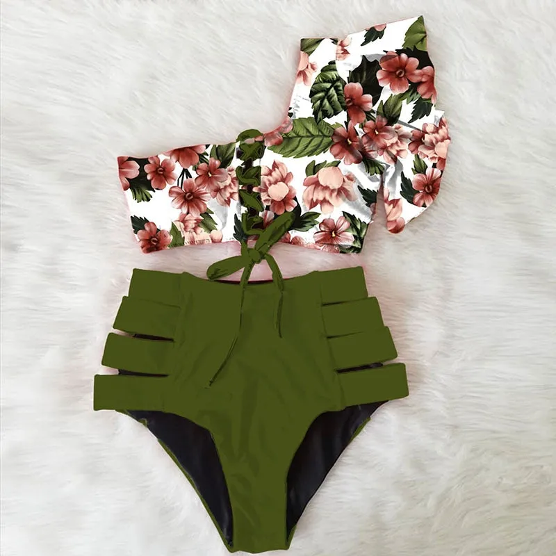 Beach One Shoulder Print High Rise Triangle Bikinis