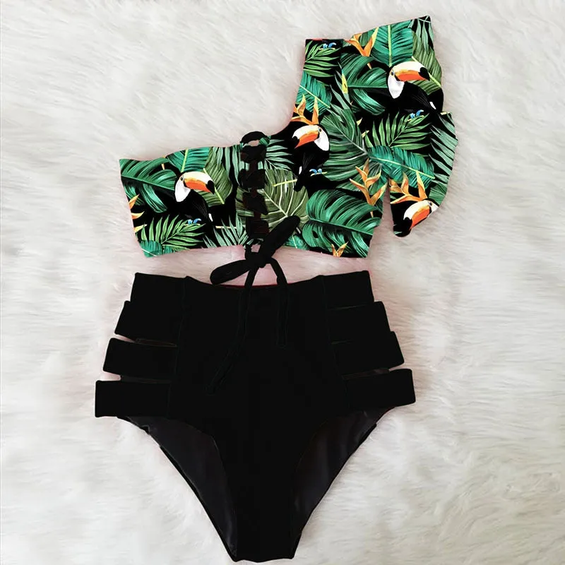 Beach One Shoulder Print High Rise Triangle Bikinis