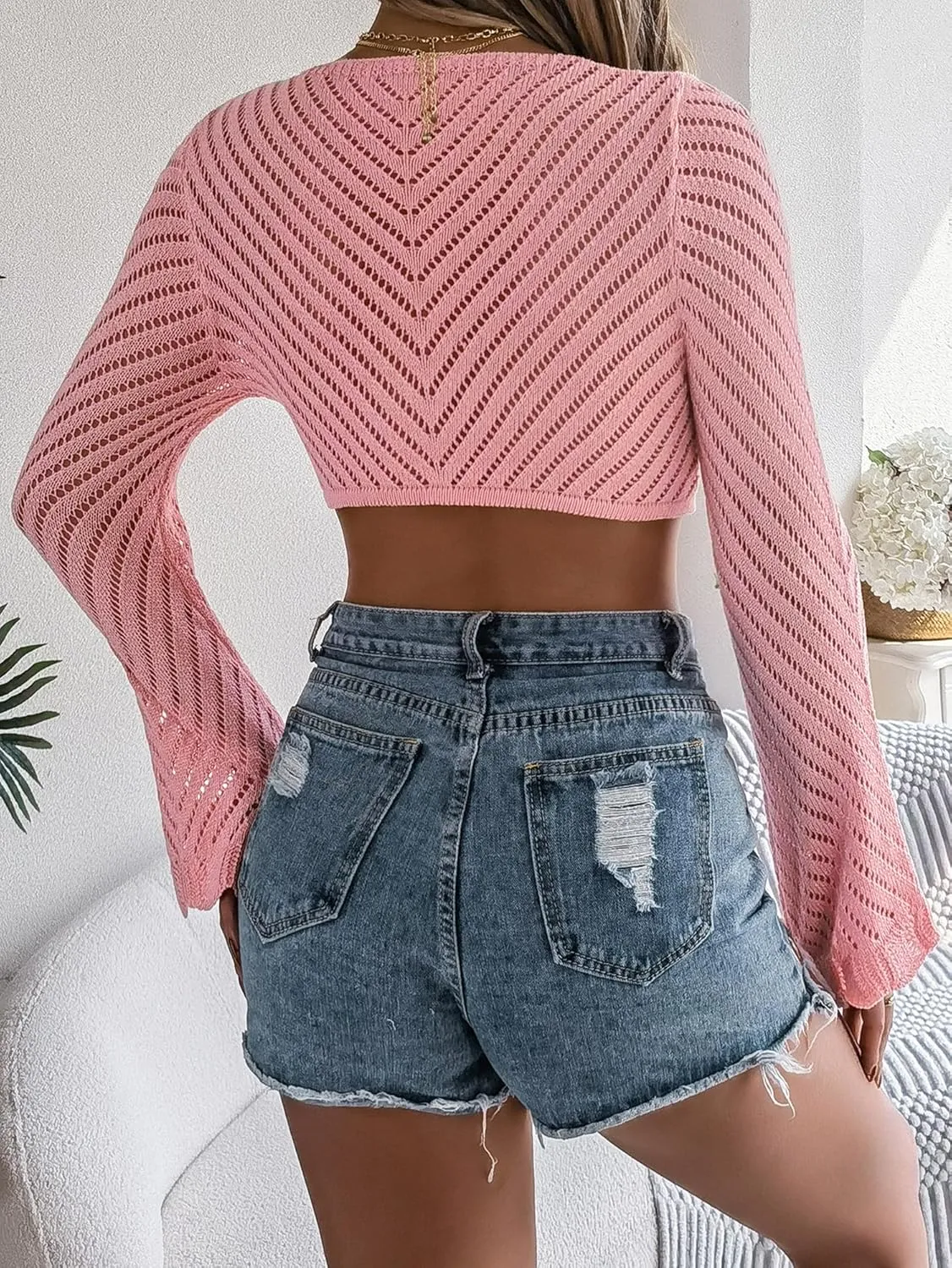 Beautiful Nomad Women's Crochet Cardigan Tie Front Bell Long Sleeve Knit Sweater Hollow Out Shrug Tops